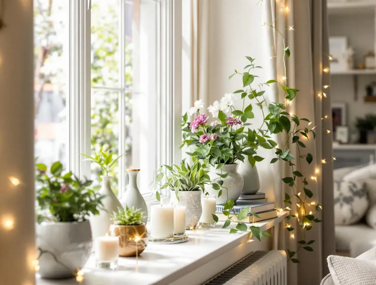 Co postawić na parapecie zamiast kwiatów? Świece, wazony, sukulent i girlanda świetlna tworzą przytulną atmosferę.