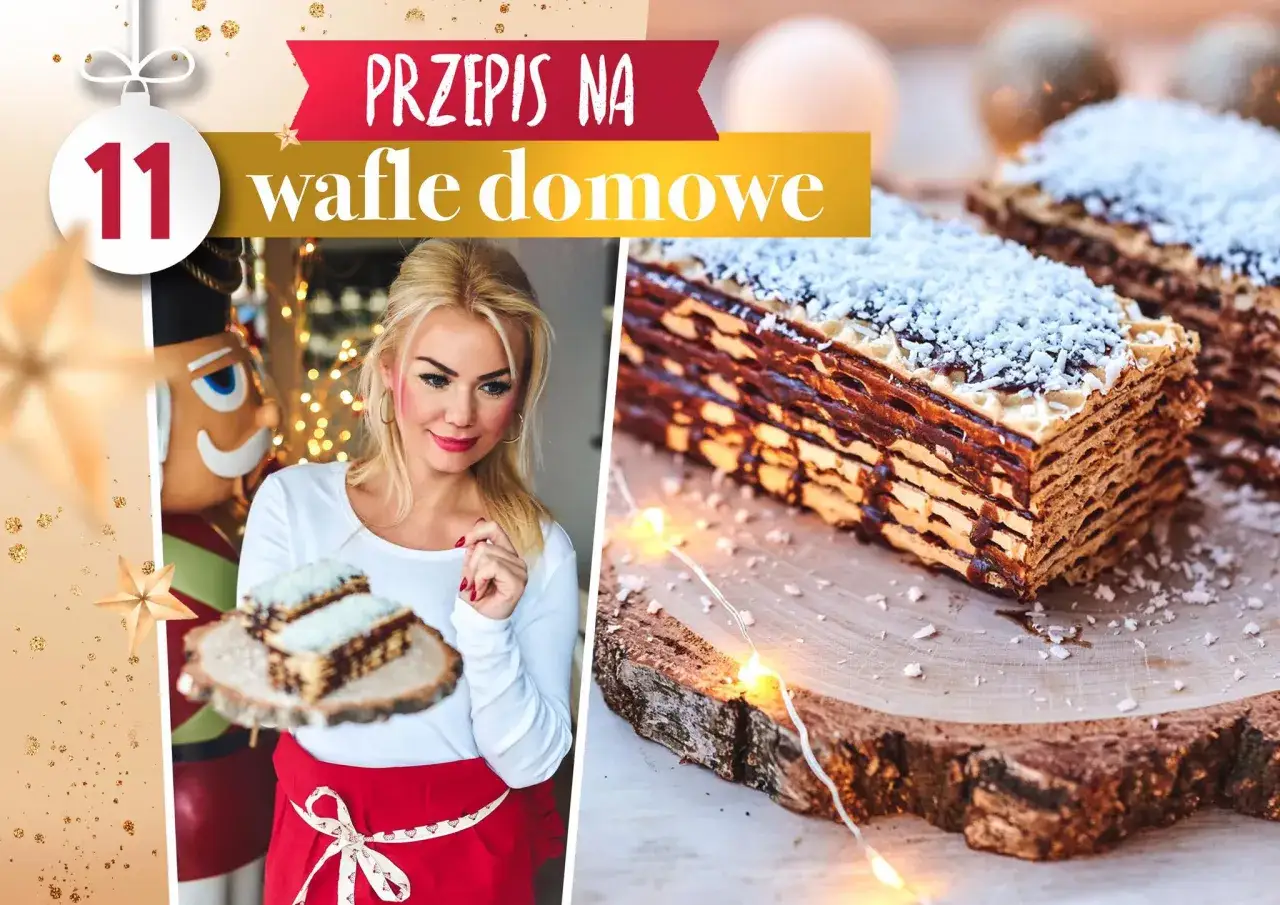 Przepis na domowe wafle czekoladowe. Kobieta prezentuje pyszne, warstwowe wafle z kremem czekoladowym i wiórkami kokosowymi.