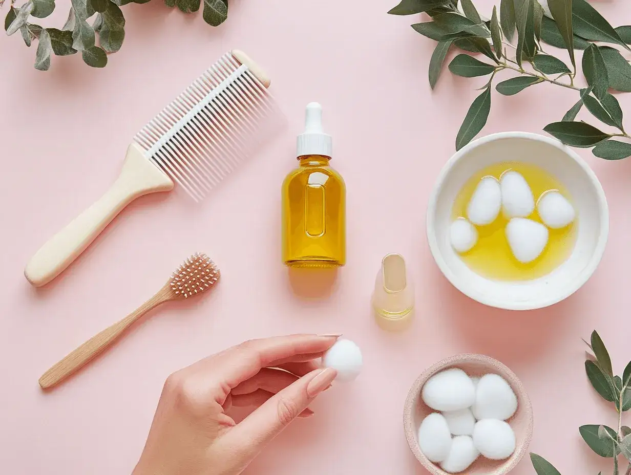 Naturalna pielęgnacja: oliwa z oliwek na twarz, bawełniane waciki i akcesoria do masażu.