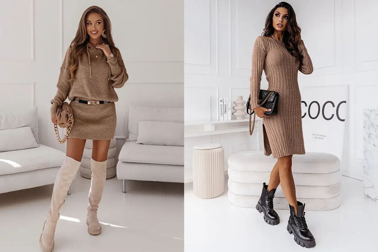 Dwie stylizacje z dzianinową sukienką: z kozakami za kolano i botkami na platformie. Idealne buty do dzianinowej sukienki na różne okazje.