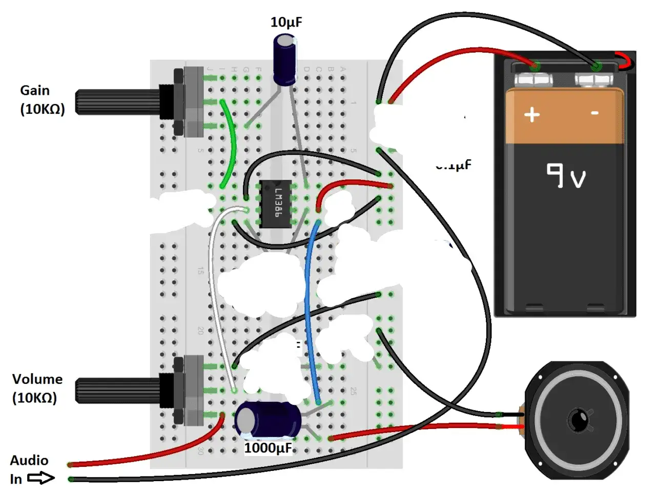 Układ wzmacniacza audio LM386 na płytce stykowej z potencjometrami Gain i Volume. Zasilany z baterii 9V, podłączony do głośnika. Ile wat mocy RMS można uzyskać?