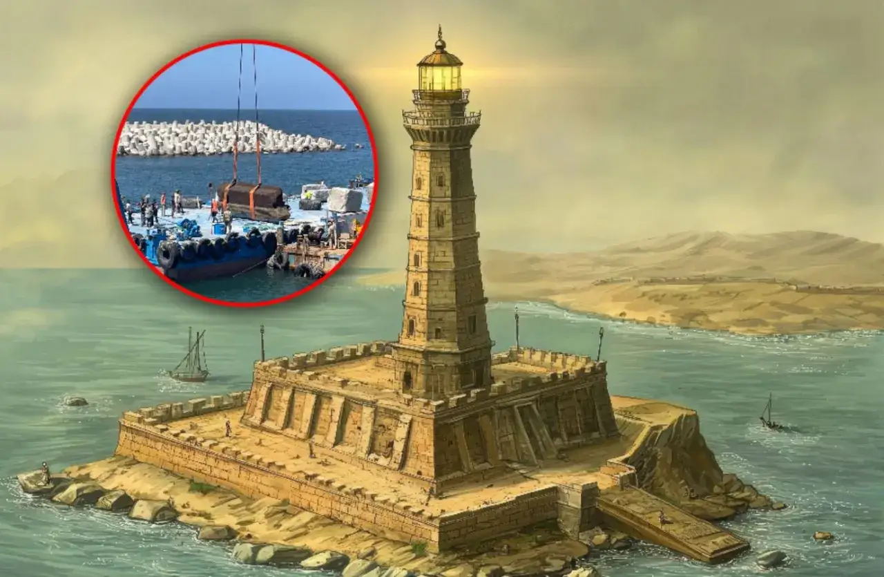 Wielka latarnia morska na Faros, symbol starożytnego świata, wznosi się nad morzem. W okrągłym kadrze widać prace przy budowie falochronu.