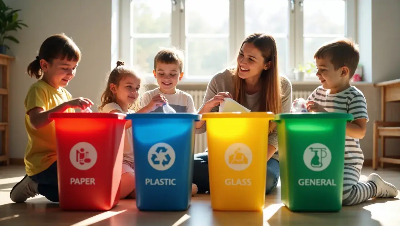 Dziecko segregujące śmieci do kolorowych pojemnik&oacute;w