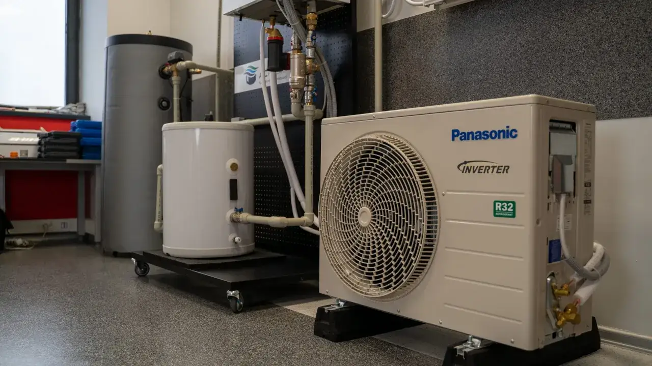Pompa ciepła jednostka zewnętrzna Panasonic Inverter z czynnikiem R32, obok bojler i zasobnik wody.