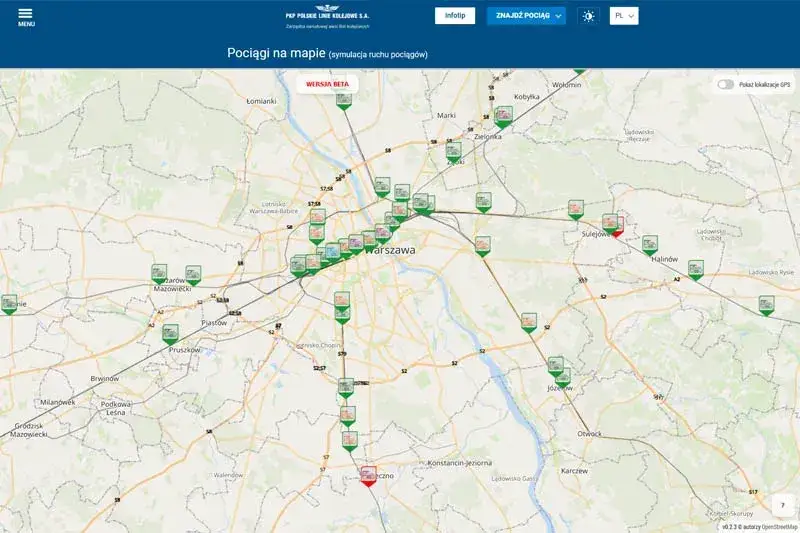 Mapa pociąg&oacute;w PKP Portal Pasażera