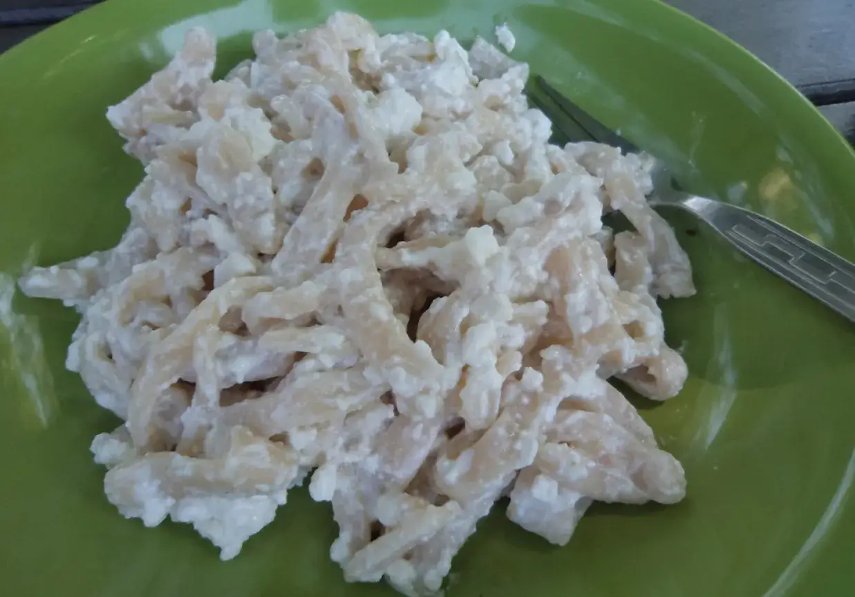 Pyszny makaron z serem, podany na zielonym talerzu, czeka na widelcu.