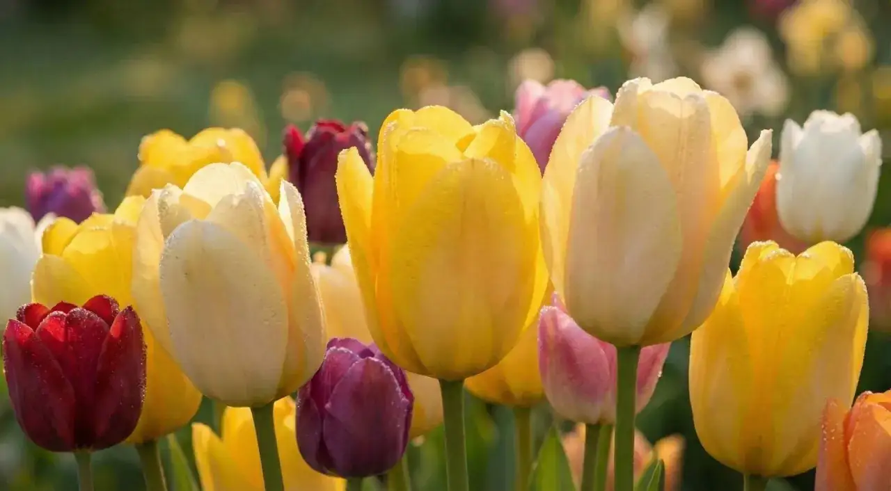 Wiosenne ciekawostki o tulipanach: ż&oacute;łte, białe, czerwone i fioletowe kwiaty w kroplach rosy.