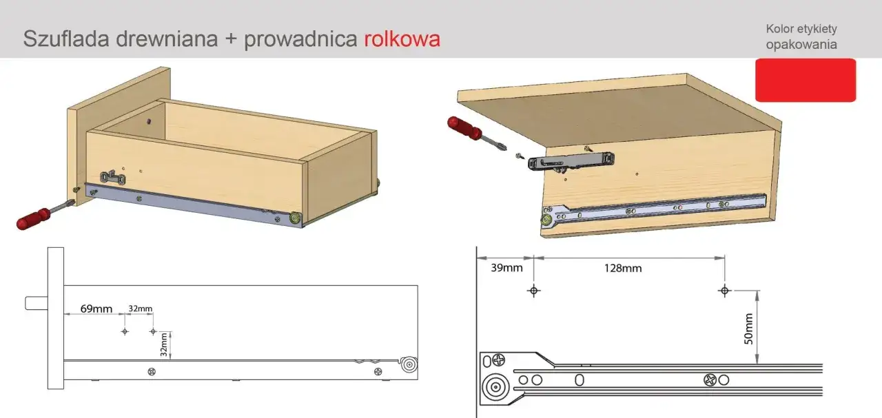 Instrukcja montażu prowadnic rolkowych do szuflad drewnianych. Wymiary i schemat mocowania.