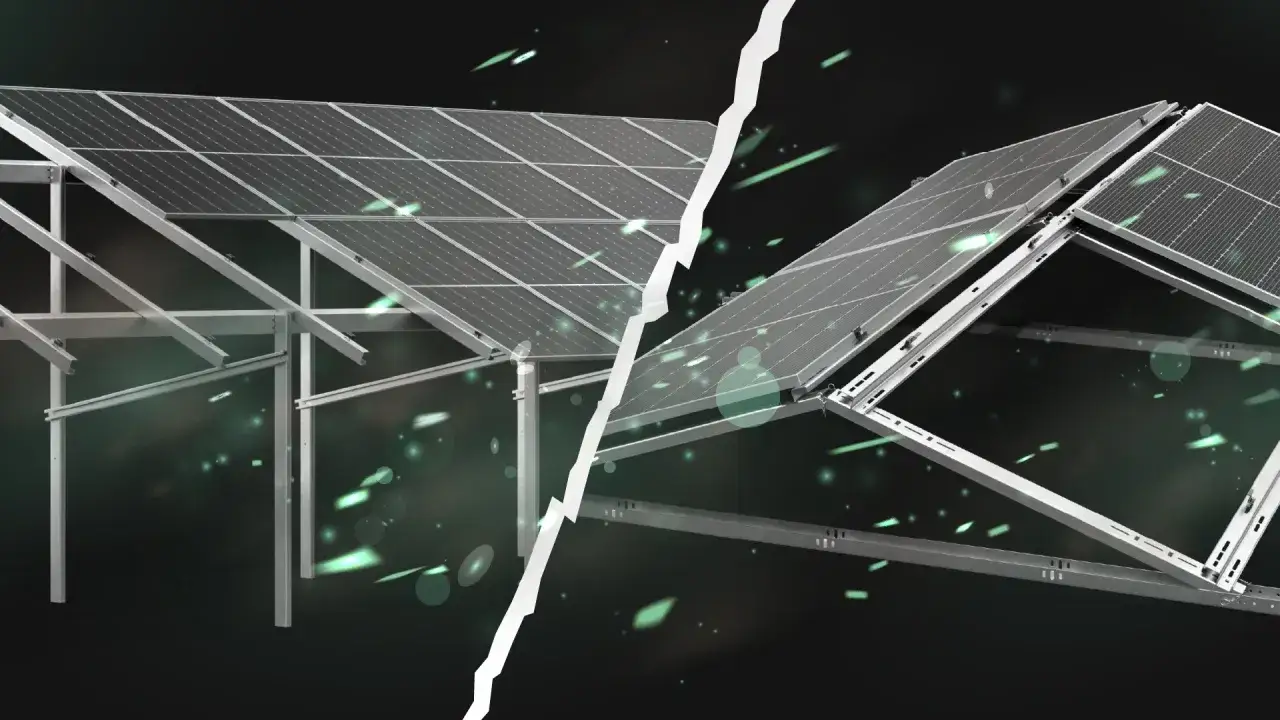 Przegląd instalacji fotowoltaicznej. Dwa ujęcia paneli słonecznych na metalowych konstrukcjach, z zielonymi, świetlistymi detalami.