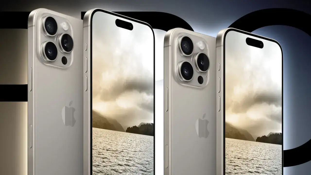 Dwa iPhone 18 Pro Max w kolorze złotym, z widocznym potr&oacute;jnym aparatem i logo Apple.