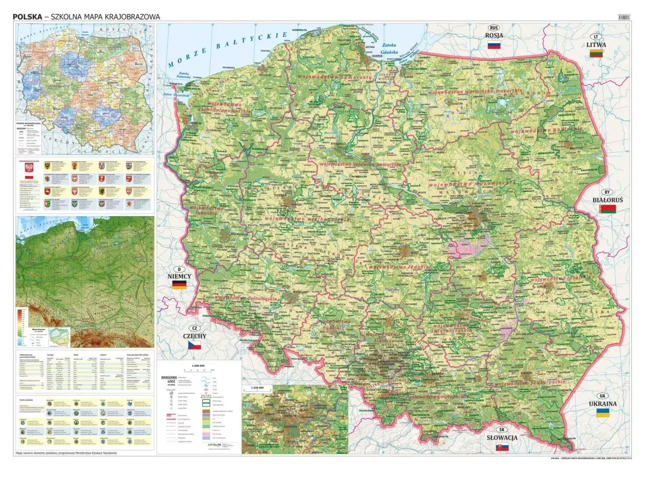 Szkolna mapa Polski z zaznaczonymi województwami, miastami i rzekami. Na mapie widoczne są też sąsiednie kraje. Informacje o tym, ile dni słonecznych w Polsce, nie są dostępne na tej mapie.