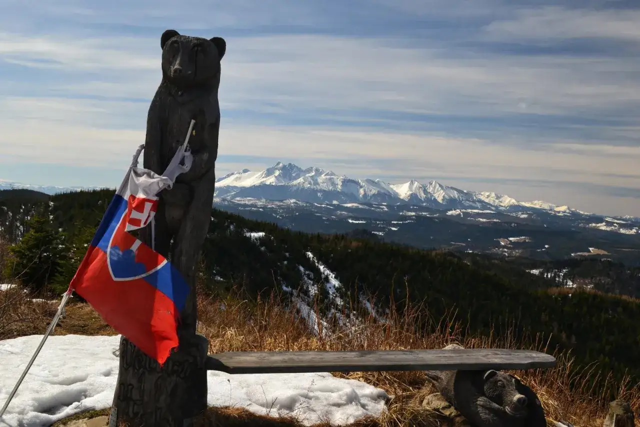 Rzeźba niedźwiedzia z flagą Słowacji na szczycie Veterny Vrch, z widokiem na ośnieżone Tatry.