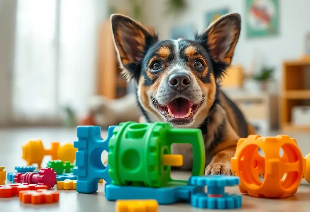 Szczeniak z zabawkami, gotowy do nauki, jak wytresować szczeniaka. Radosny piesek wśr&oacute;d kolorowych klock&oacute;w.