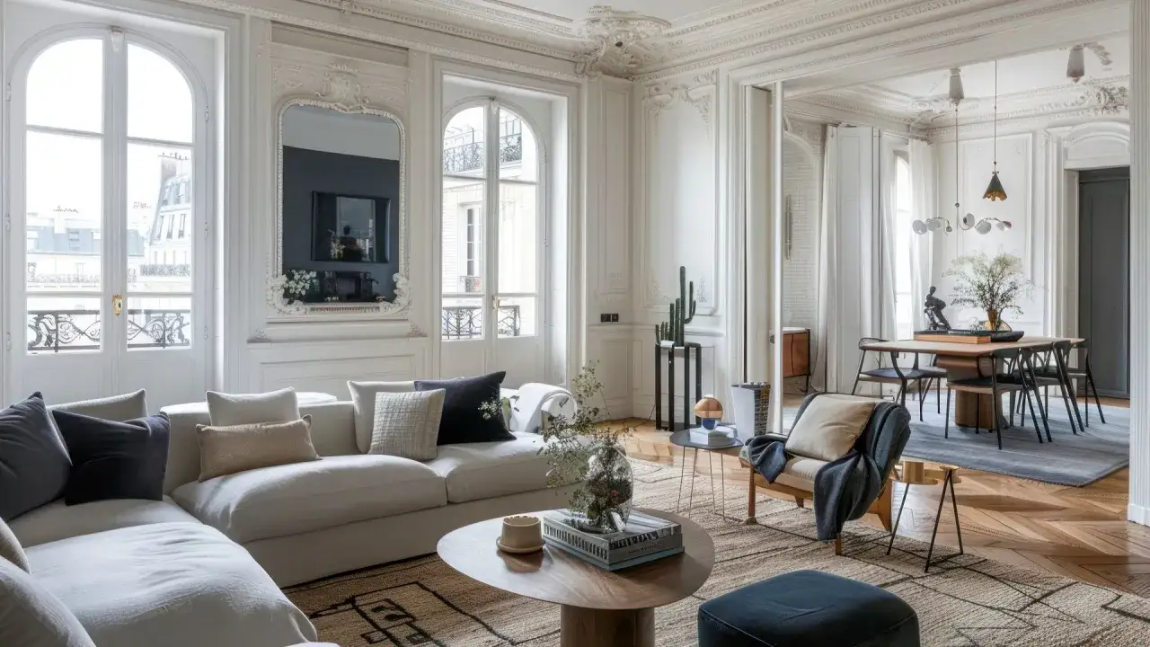 Elegancki salon w stylu paryskim z wygodną sofą, designerskim stolikiem kawowym i jadalnią w tle.