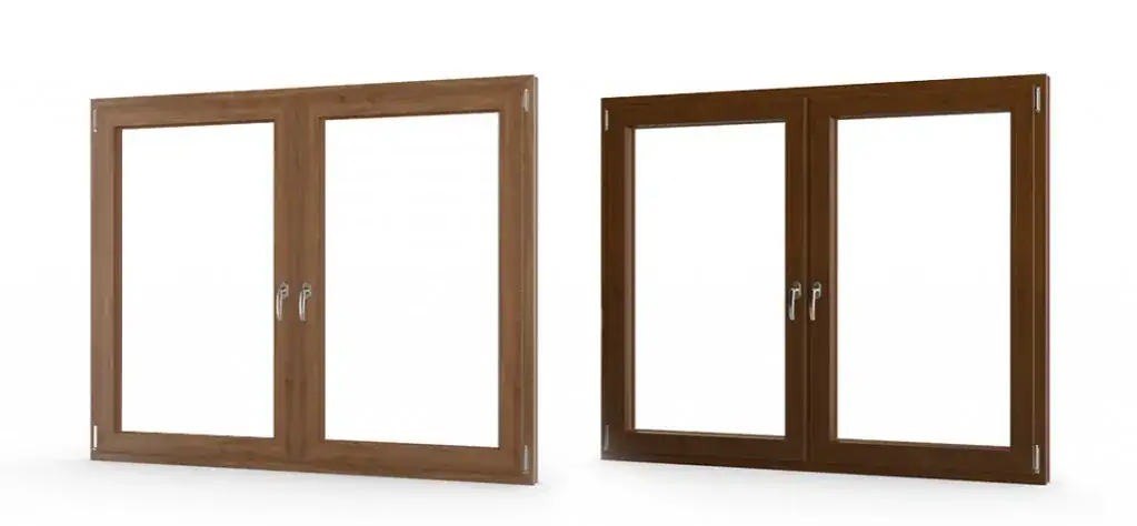 przykłady okien PCV w kolorze złoty dąb, orzech, winchester