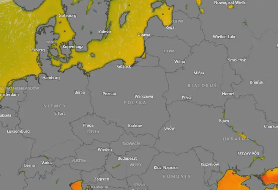 Mapa Polski z zaznaczonymi kurortami nadbałtyckimi i temperaturami wody
