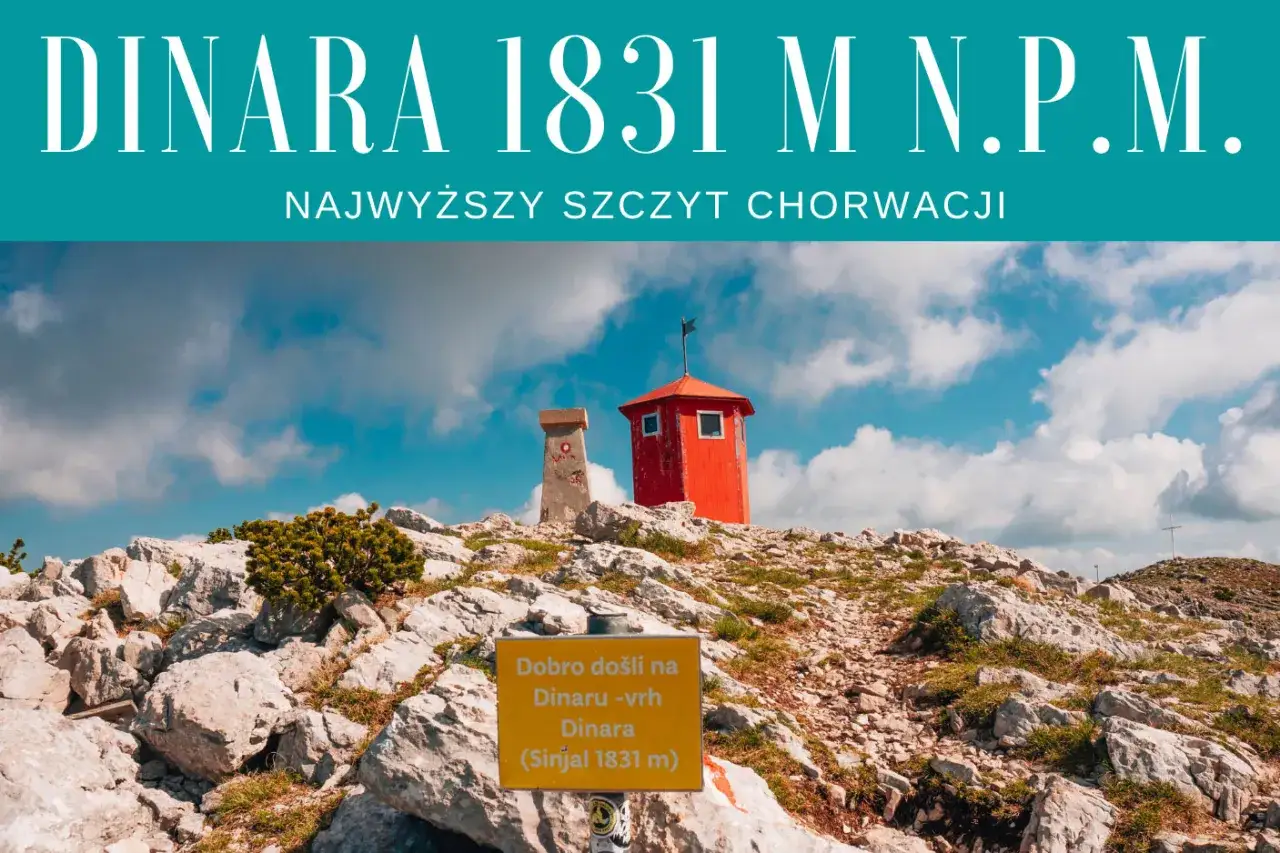 Szczyt Dinara w Chorwacji, najwyższy punkt 1831 m n.p.m. z czerwoną wieżą i znakiem.