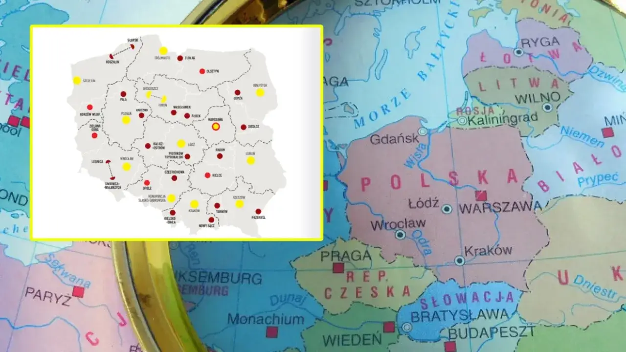 Mapa Polski z zaznaczonym Radomiem i Warszawą - lokalizacje medyczne