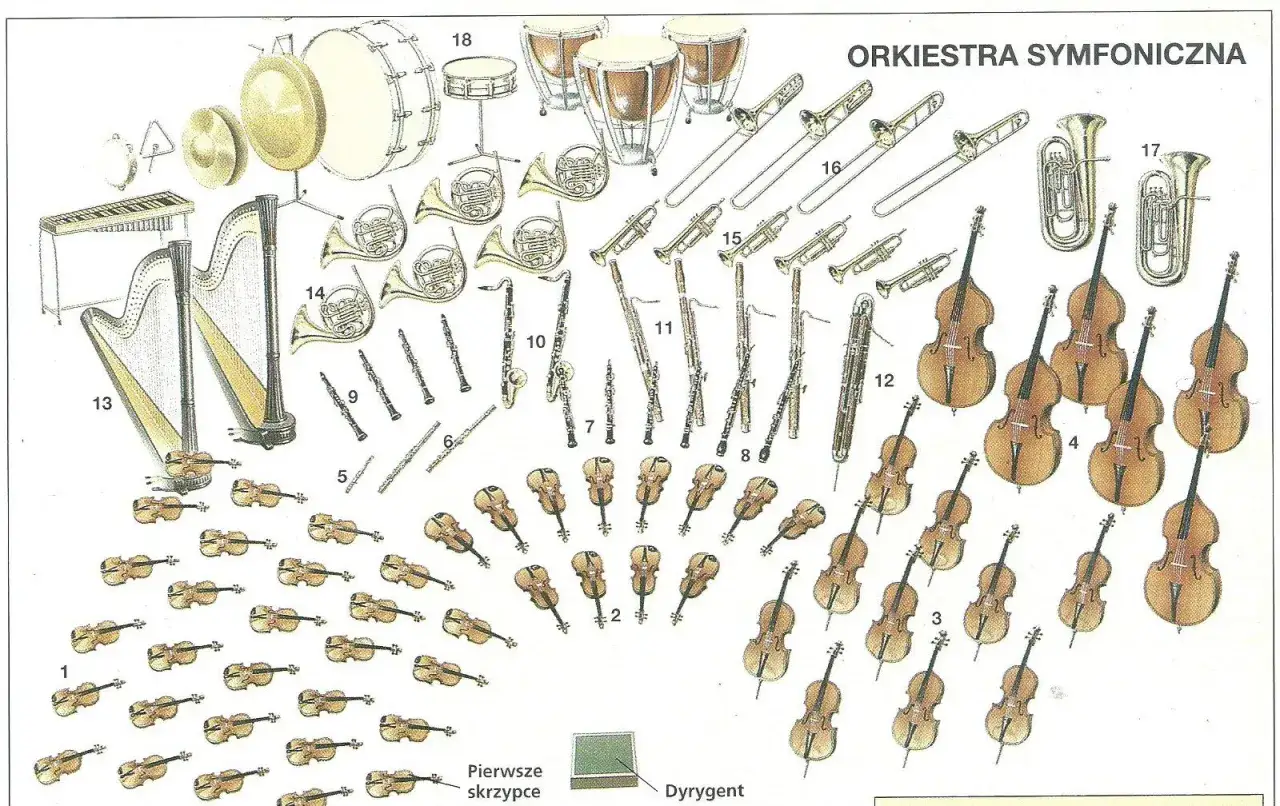 Instrumenty dęte: trąbka, puzon, tuba, flet, klarnet, obój, fagot. Obok harfa, skrzypce, kontrabasy i perkusja.