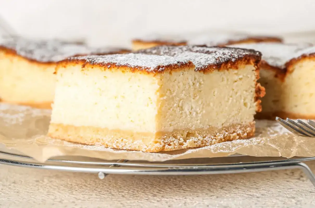 Kawałki idealnego sernika z ricotty i mascarpone, posypane cukrem pudrem, na papierze do pieczenia.