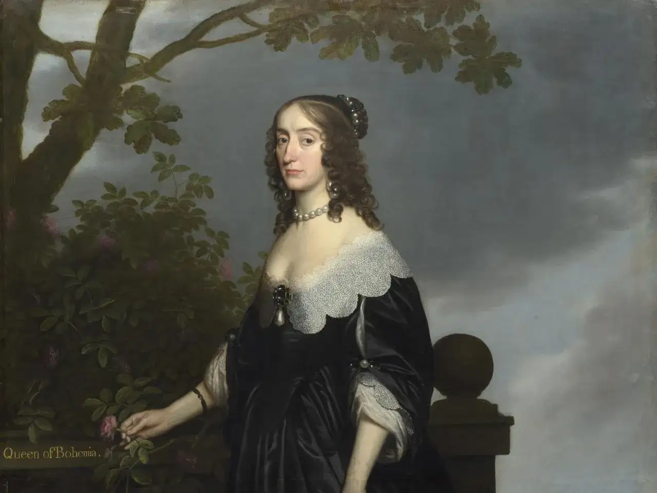 Portret kr&oacute;lowej Elżbiety Stuart, kr&oacute;lowej Czech, z r&oacute;żą w dłoni. Jej oczy, jakby patrzyły na oczy kr&oacute;lewny angielskiej, emanują spokojem.