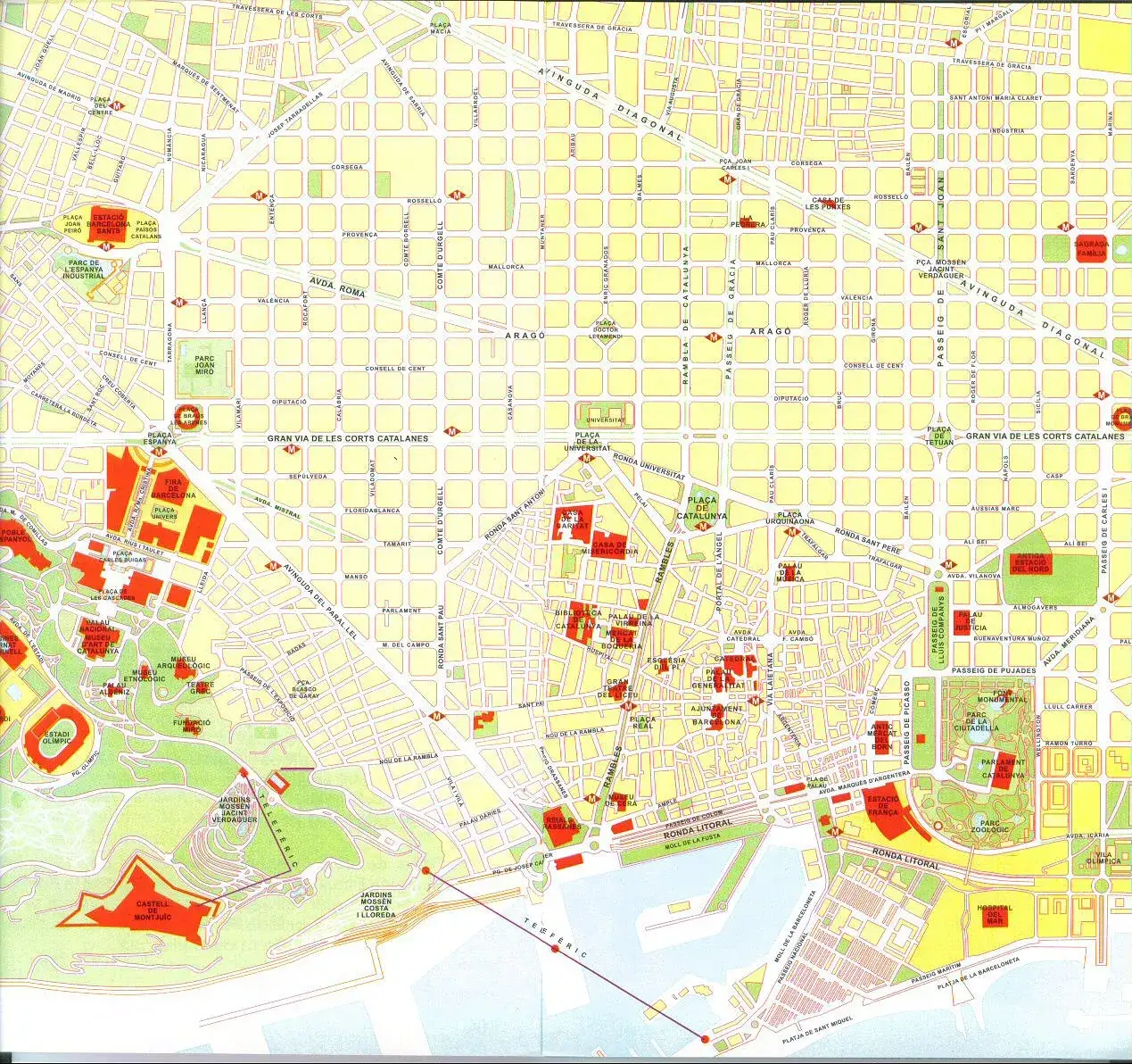 Mapa Barcelony z zaznaczonymi dzielnicami turystycznymi