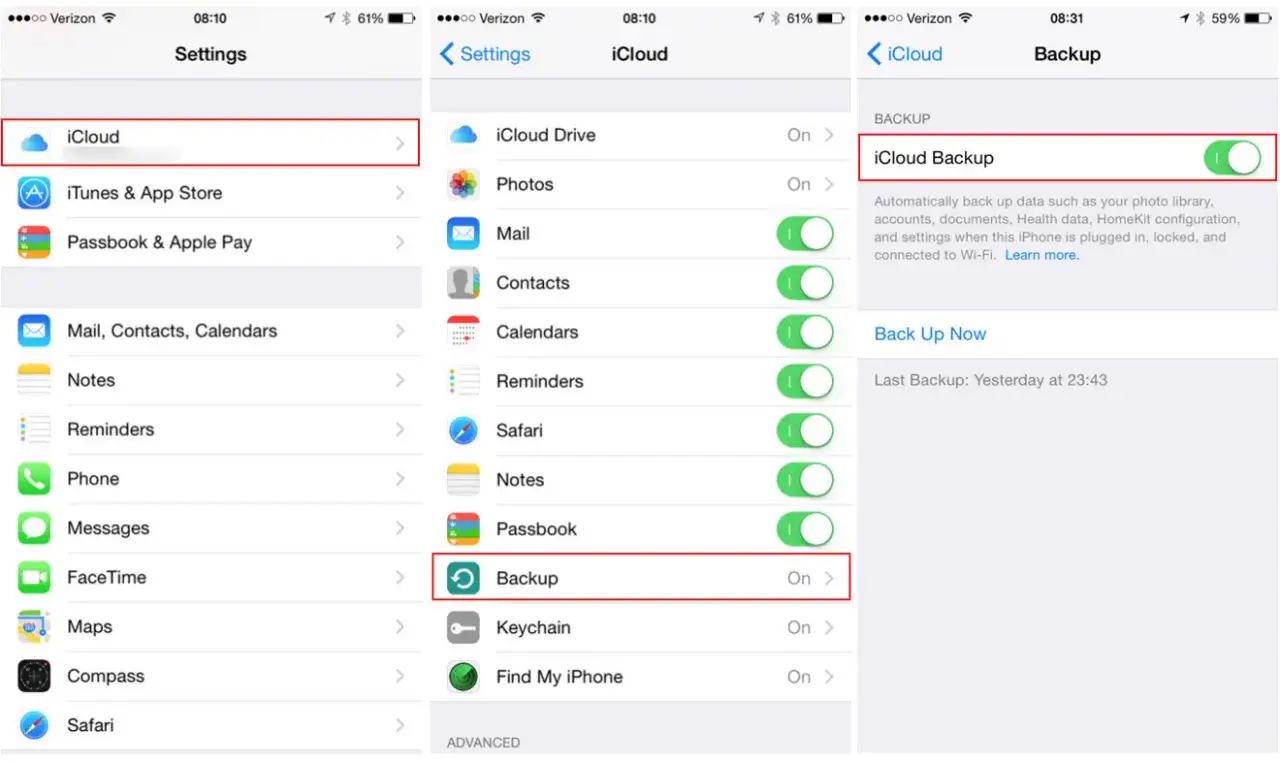 iPhone ustawienia iCloud backup