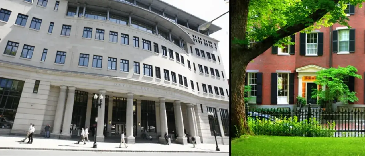 Nowoczesny budynek prawniczy i tradycyjny dom z cegły. Studia prawnicze w USA trwają zazwyczaj 3 lata po licencjacie.