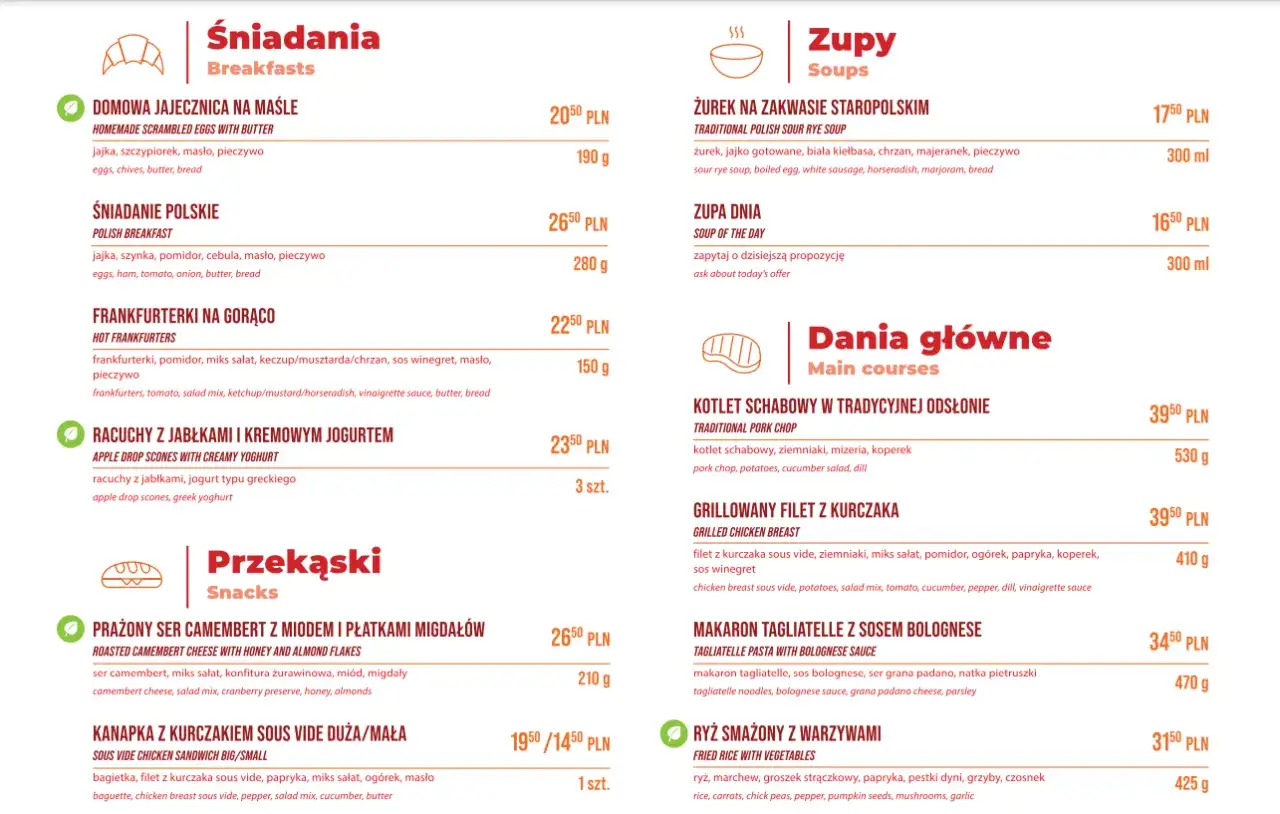 Menu z daniami głównymi, zupami i przekąskami. Wśród pozycji: żurek, kotlet schabowy, makaron tagliatelle, kanapka z kurczakiem.