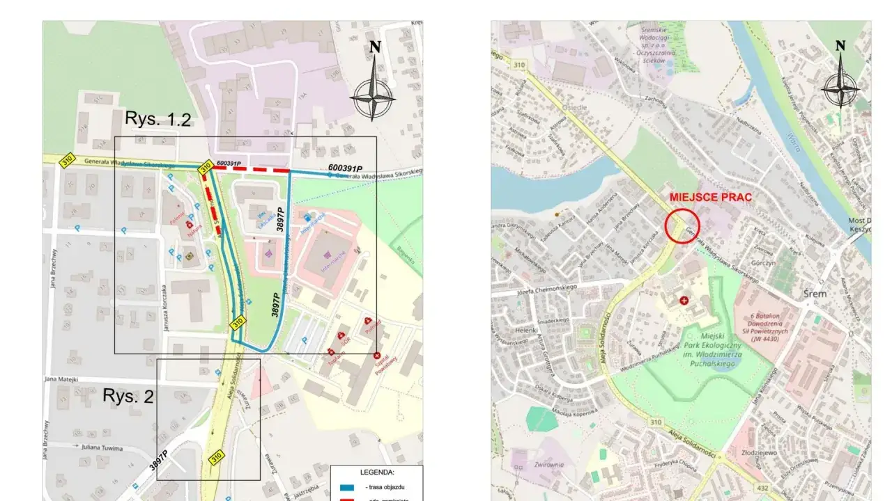 Mapa Poznania z zaznaczonymi trasami objazdów i miejscami prac drogowych. Remonty ulic w Poznaniu utrudniają ruch.