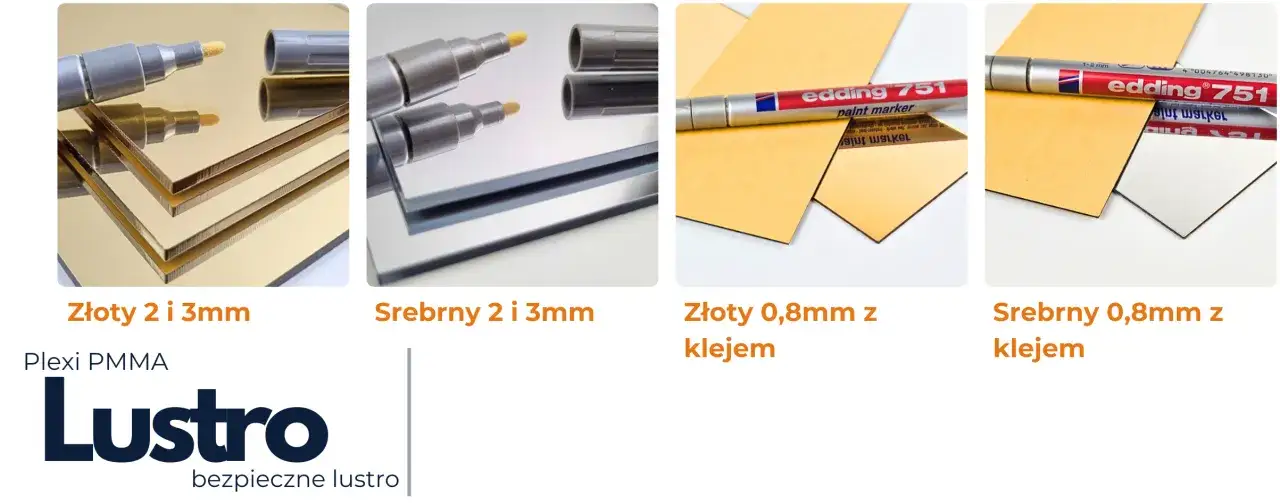 Złote i srebrne lustra akrylowe 2 i 3mm oraz 0,8mm z klejem. Sprawdź, ile kosztuje metr lustra u szklarza.