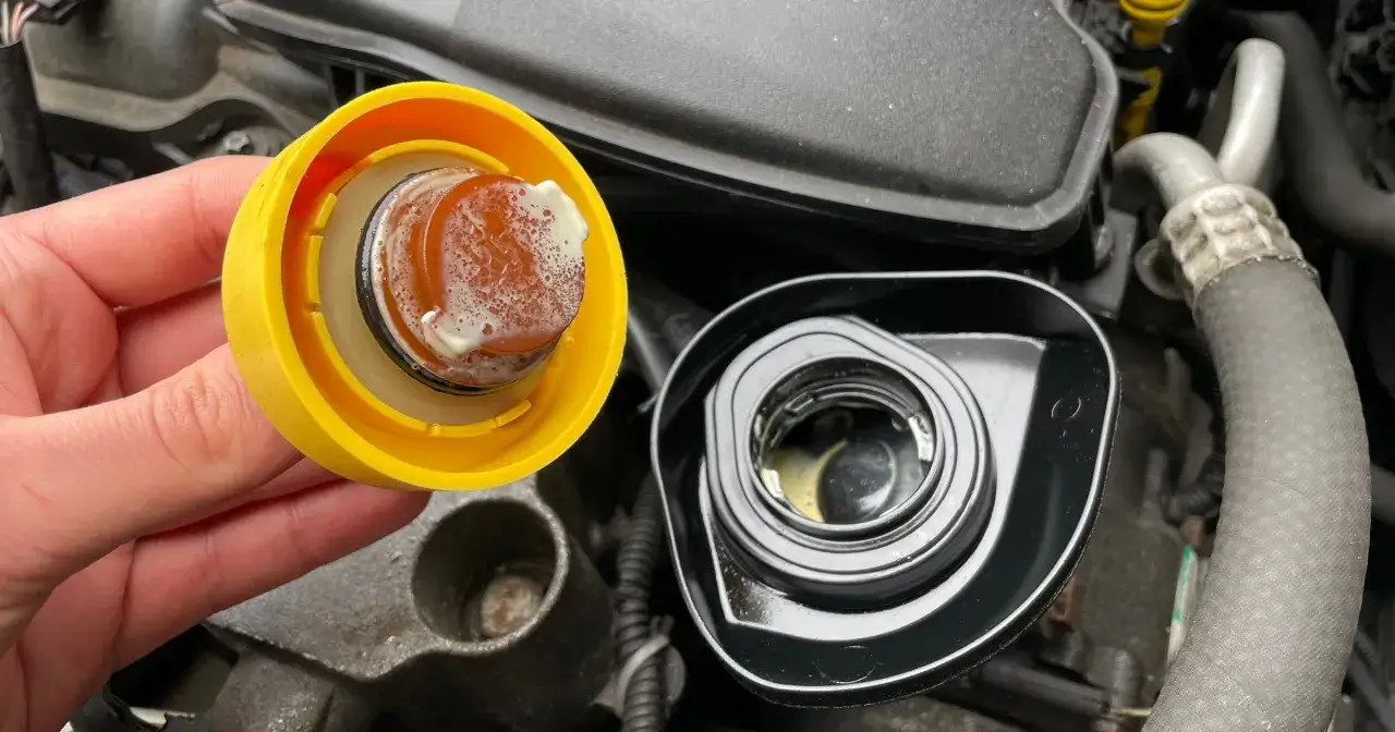 Żółty korek oleju z nalotem przypominającym masło pod korkiem oleju. Obok czarny otwór silnika.