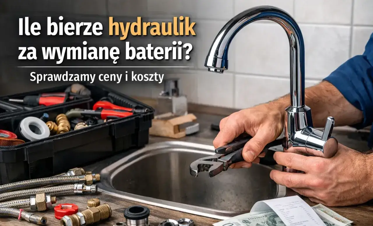 Sprawdzamy, ile kosztuje usługa hydraulika za wymianę baterii. Widoczne narzędzia i akcesoria przy zlewie.