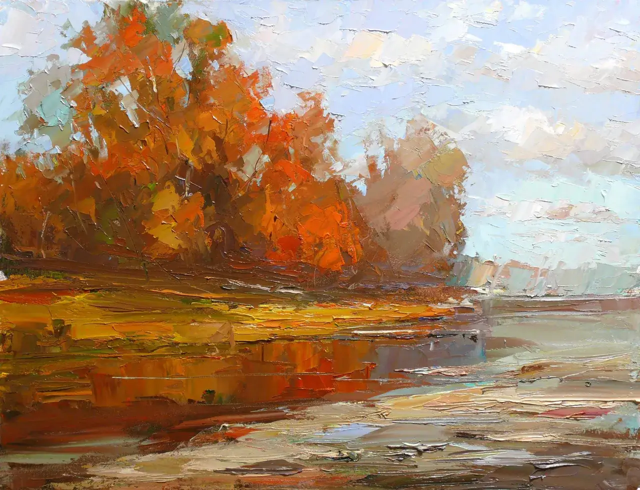 Jesienny wiatr wiersz malowany grubymi pociągnięciami pędzla. Pomarańczowe drzewa odbijają się w wodzie, a niebo jest jasne i chmurne.