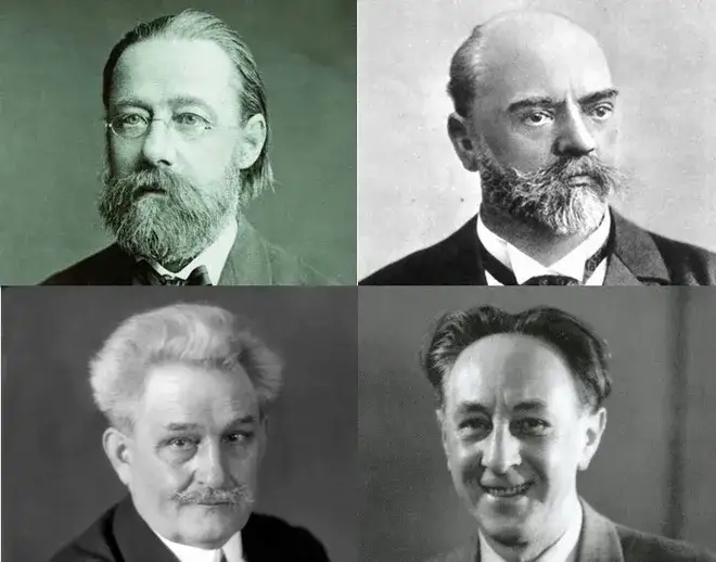Portrety Bedřicha Smetany, Antonína Dvořáka, Leoša Janáčka i Bohuslava Martinů