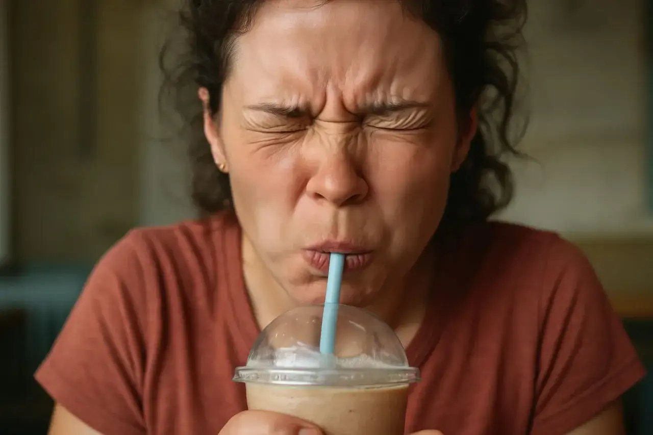 Kobieta zamyka oczy i marszczy nos, pijąc przez słomkę. Wygląda na to, że poczuła gorzki smak w ustach.