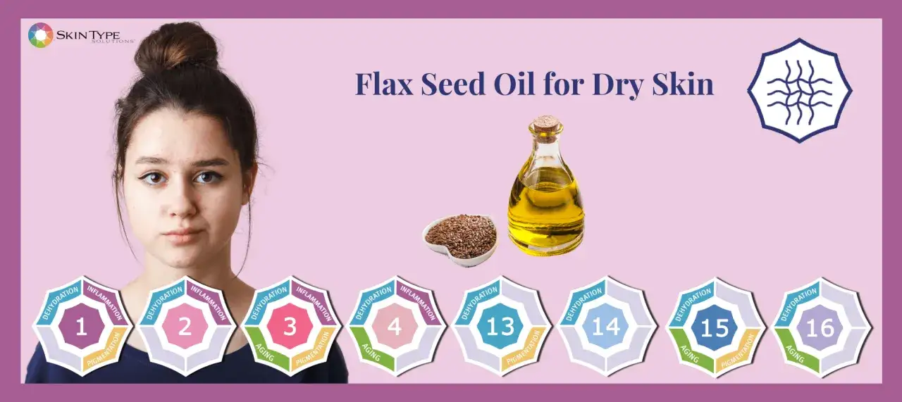 Dziewczyna z niedoskonałościami na twarzy, butelka oleju lnianego i nasiona lnu. Olej lniany na twarz to naturalne rozwiązanie dla suchej skóry.