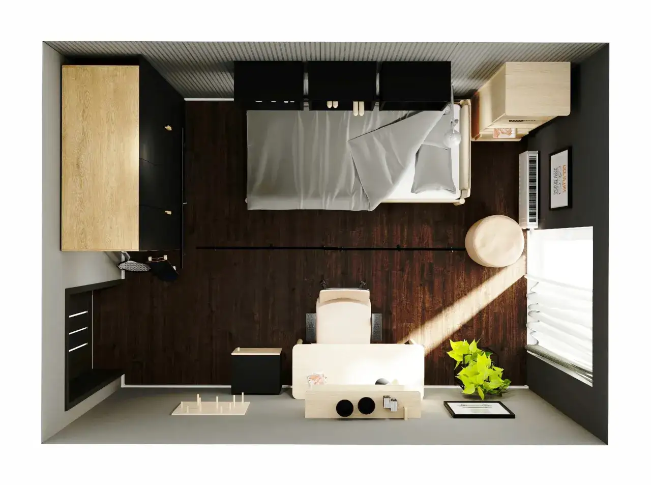 Nowoczesne pokój dla 2 nastolatków aranżacje: łóżko, biurko, szafa i stylowe dodatki.