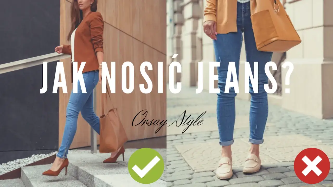 Stylizacje z jasnymi jeansami: elegancka z marynarką i szpilkami (✓) oraz casualowa z kardiganem i mokasynami (✗).