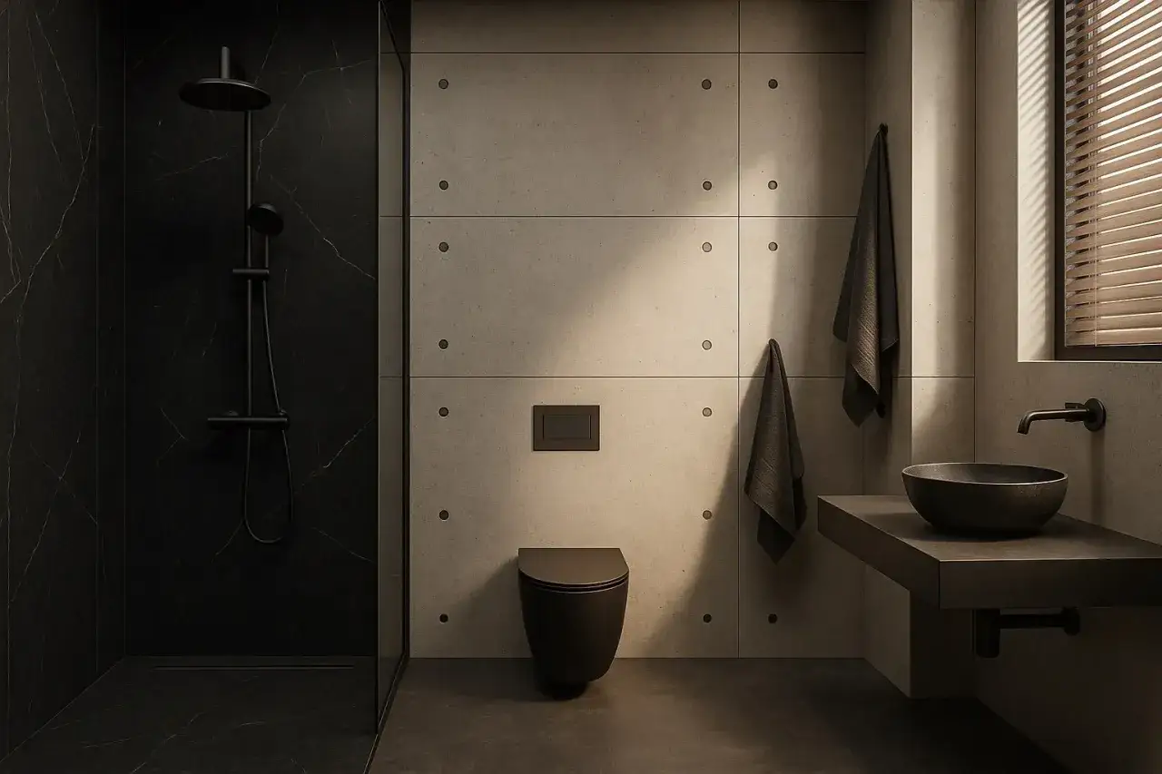 Nowoczesna stylizacja loft łazienka: czarny prysznic, betonowe ściany, wisząca toaleta i umywalka.