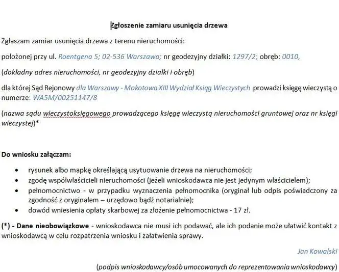 Wzór zgłoszenia wycinki drzewa