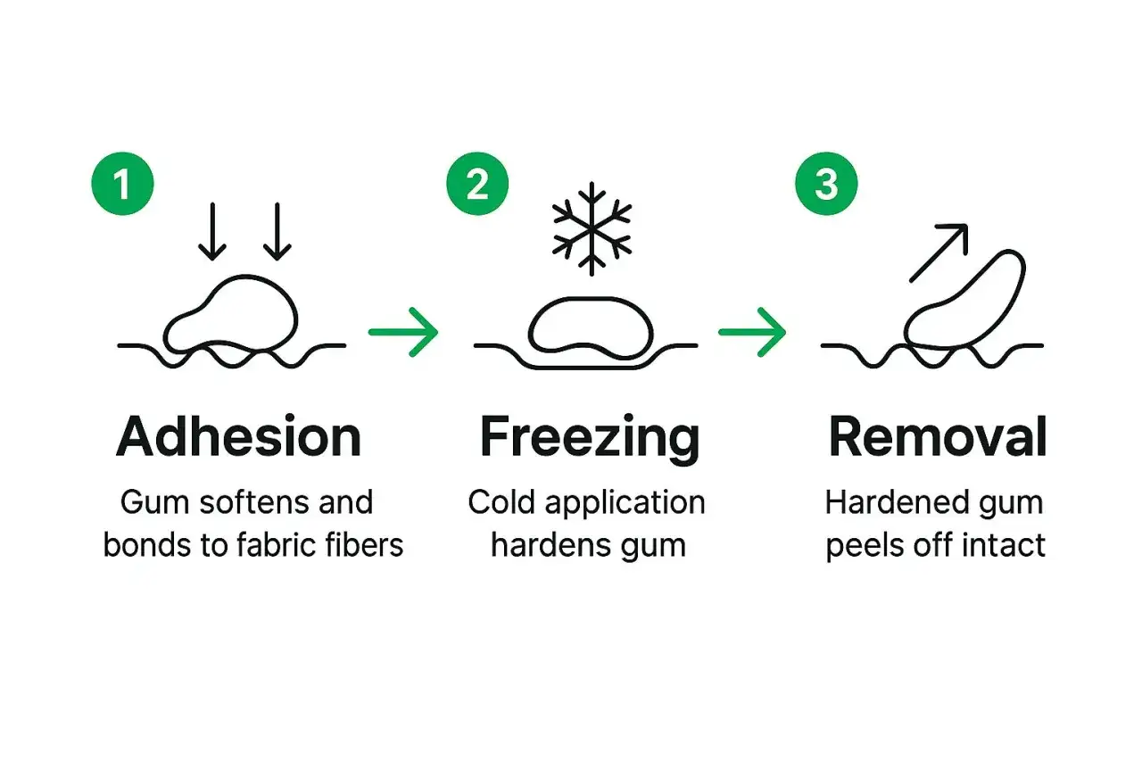 Trzyetapowy proces usuwania gumy: przyklejanie, zamrażanie (co rozpuszcza gumę do żucia, czyniąc ją twardą) i usuwanie.