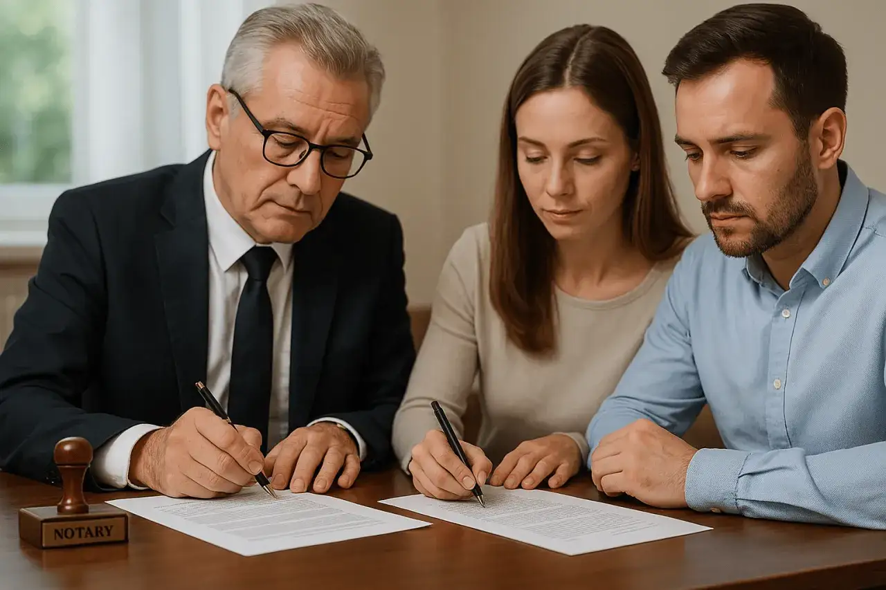 Notariusz i para podpisują dokumenty. Dowiedz się, ile kosztuje podpisanie rozdzielności majątkowej u notariusza.