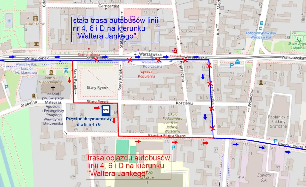 Mapa linii autobusowych MZK Pabianice