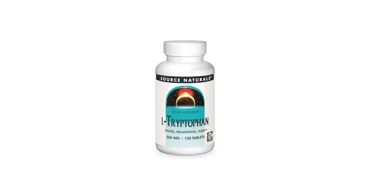 Butelka suplementu diety L-Tryptophan od Source Naturals. Wspiera nastr&oacute;j, relaksację i sen. 500 mg, 120 tabletek.