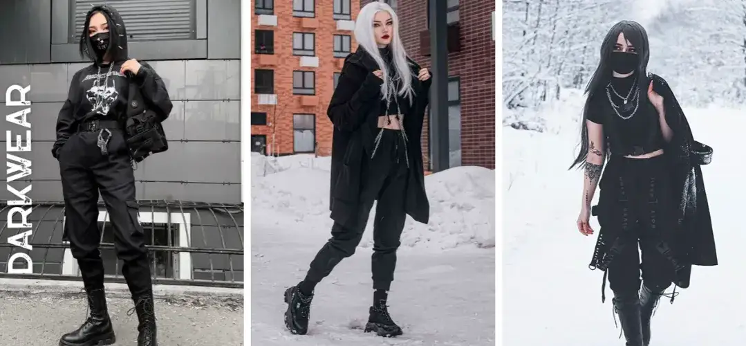 różne style ubierania na czarno, gotyk, minimalizm, techwear, dark academia