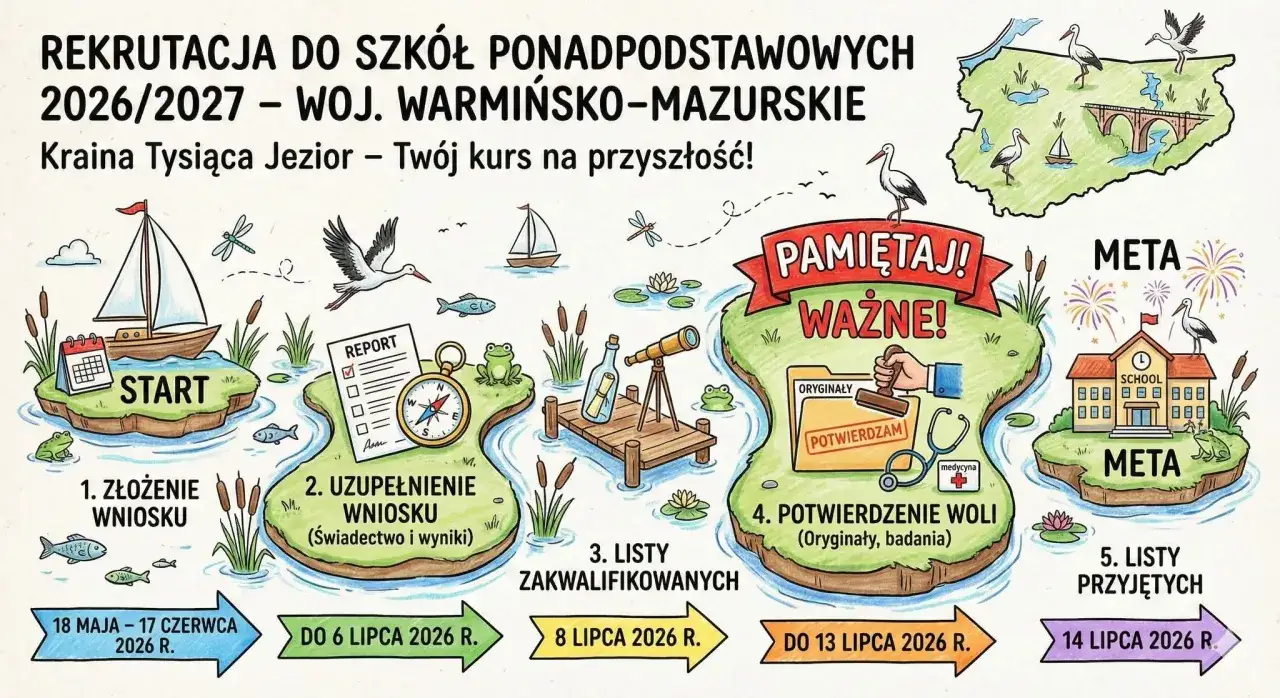 Ilustracja przedstawia proces rekrutacji do szkół średnich w województwie warmińsko-mazurskim. Widzimy etapy od 