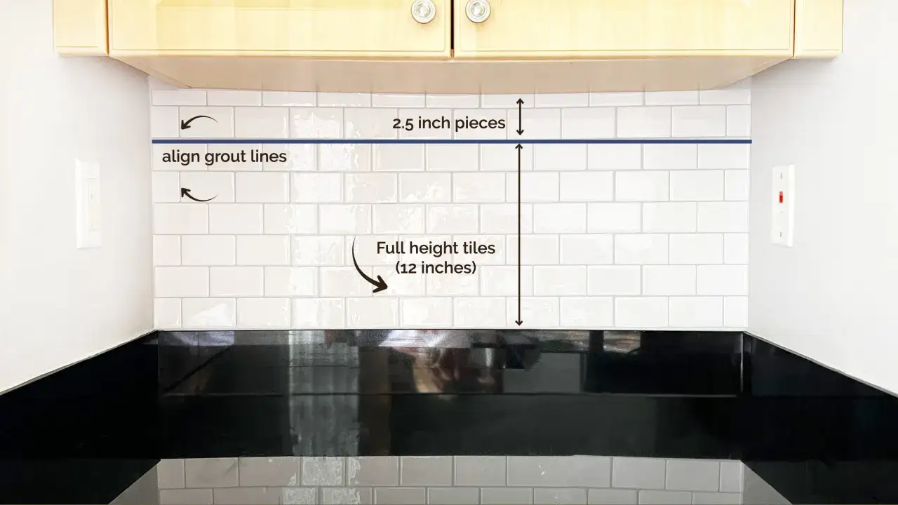 Biała tapeta na płytki w kuchni z zaznaczonymi liniami fug i wymiarami.