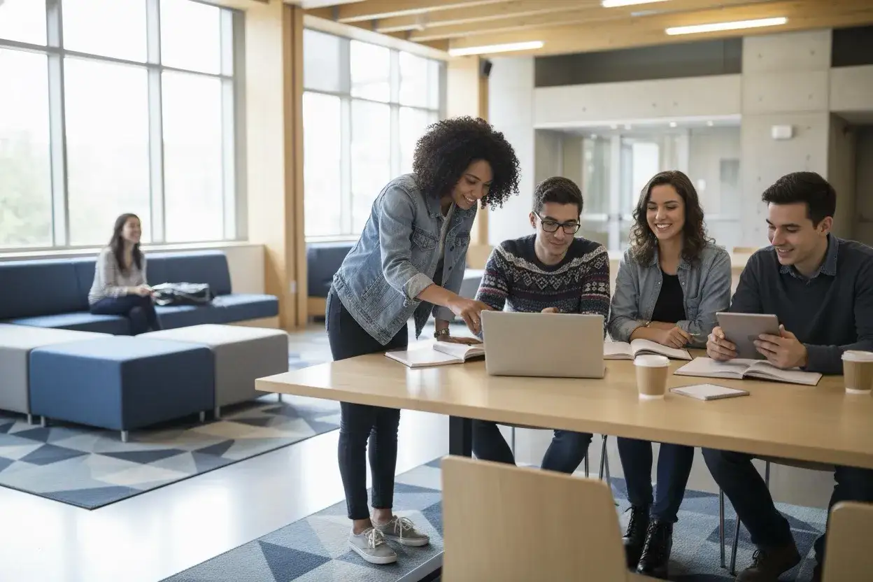 Grupa studentów pracuje razem przy stole, korzystając z laptopa i tabletu. credits po polsku.