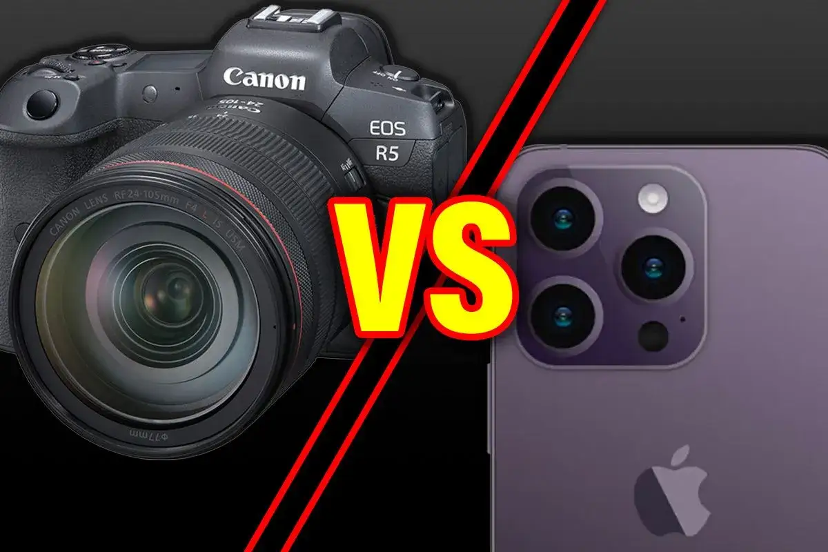 Profesjonalny aparat Canon EOS R5 i iPhone 14 Pro - do czego służy aparat fotograficzny? Por&oacute;wnanie sprzętu do robienia zdjęć.